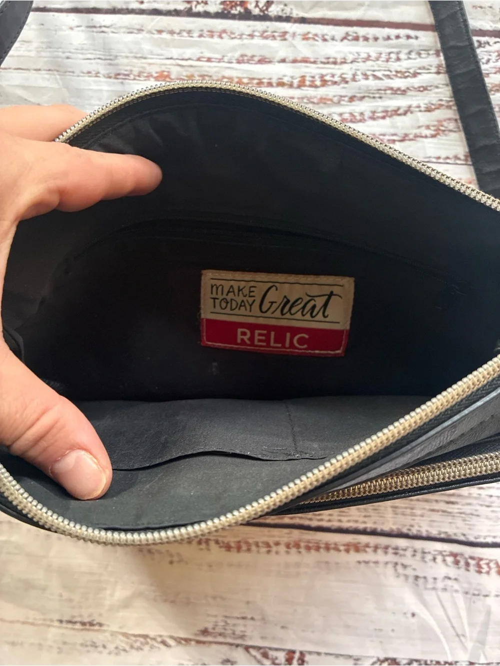 Relic Black Leather Crossbody Bag with Front Zip Pockets